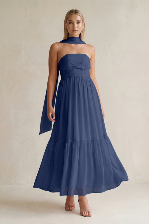 Strapless A - Line Chiffon Ruffled Bridesmaid Dress With Ribbon in Navy - SHE IS ME Bridesmaid Dresses