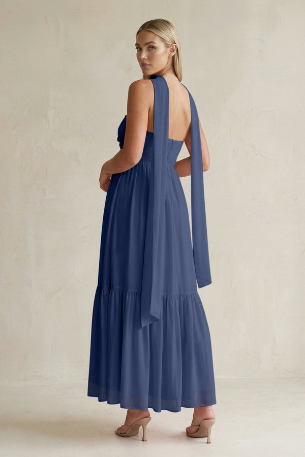 Strapless A - Line Chiffon Ruffled Bridesmaid Dress With Ribbon in Navy - SHE IS ME Bridesmaid Dresses