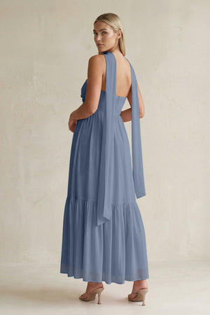 Strapless A - Line Chiffon Ruffled Bridesmaid Dress With Ribbon in Neptune - SHE IS ME Bridesmaid Dresses