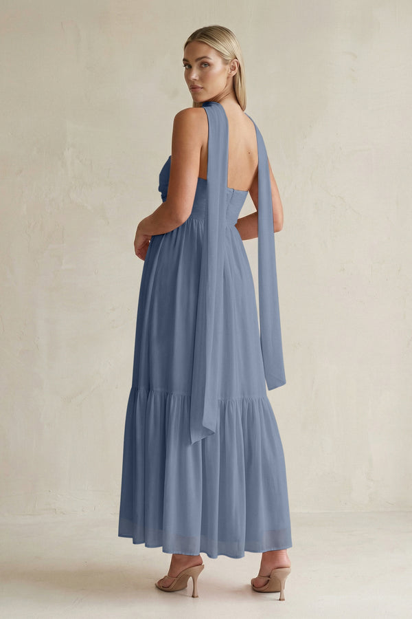 Strapless A - Line Chiffon Ruffled Bridesmaid Dress With Ribbon in Neptune - SHE IS ME Bridesmaid Dresses