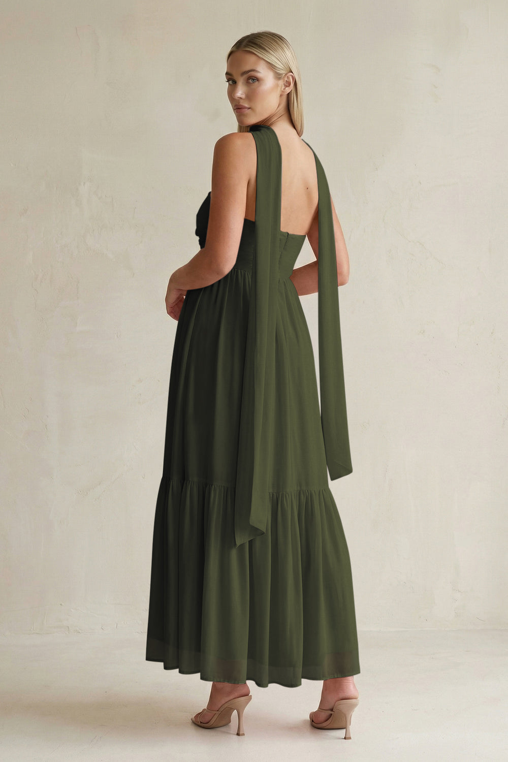 Strapless A-Line Chiffon Ruffled Bridesmaid Dress With Ribbon in Olive