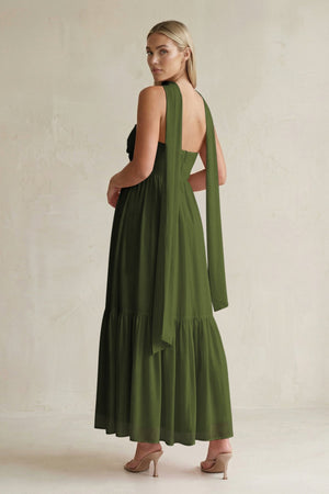 Strapless A - Line Chiffon Ruffled Bridesmaid Dress With Ribbon in Olive - SHE IS ME Bridesmaid Dresses