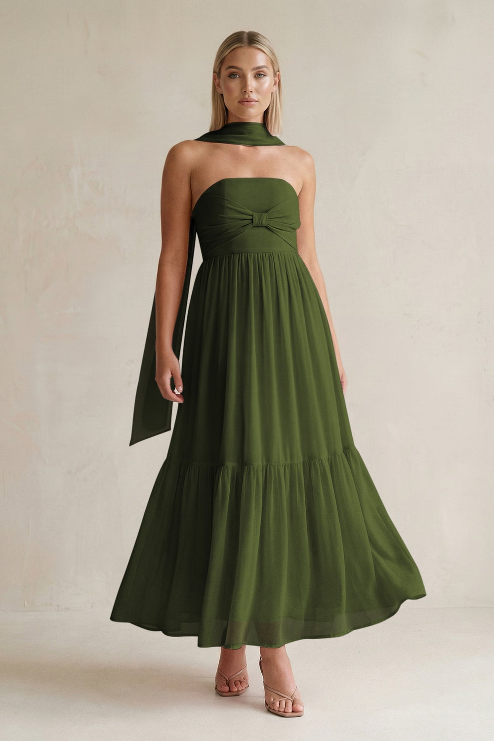 Strapless A - Line Chiffon Ruffled Bridesmaid Dress With Ribbon in Olive - KISS BRIDAL Bridesmaid Dresses