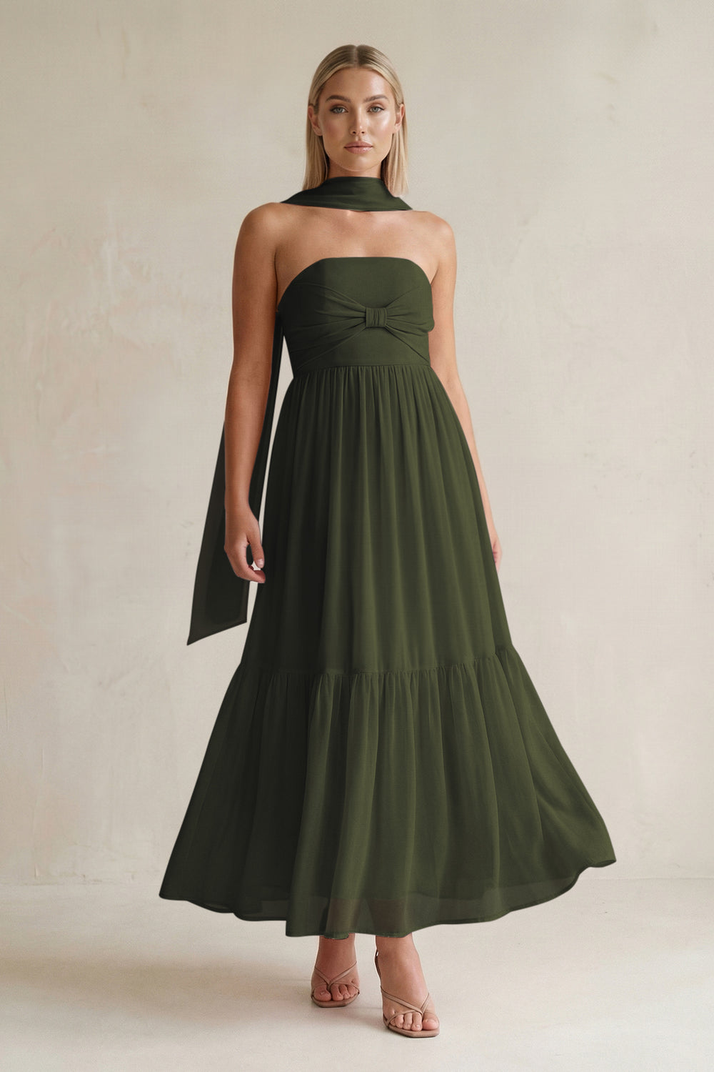 Strapless A-Line Chiffon Ruffled Bridesmaid Dress With Ribbon in Olive
