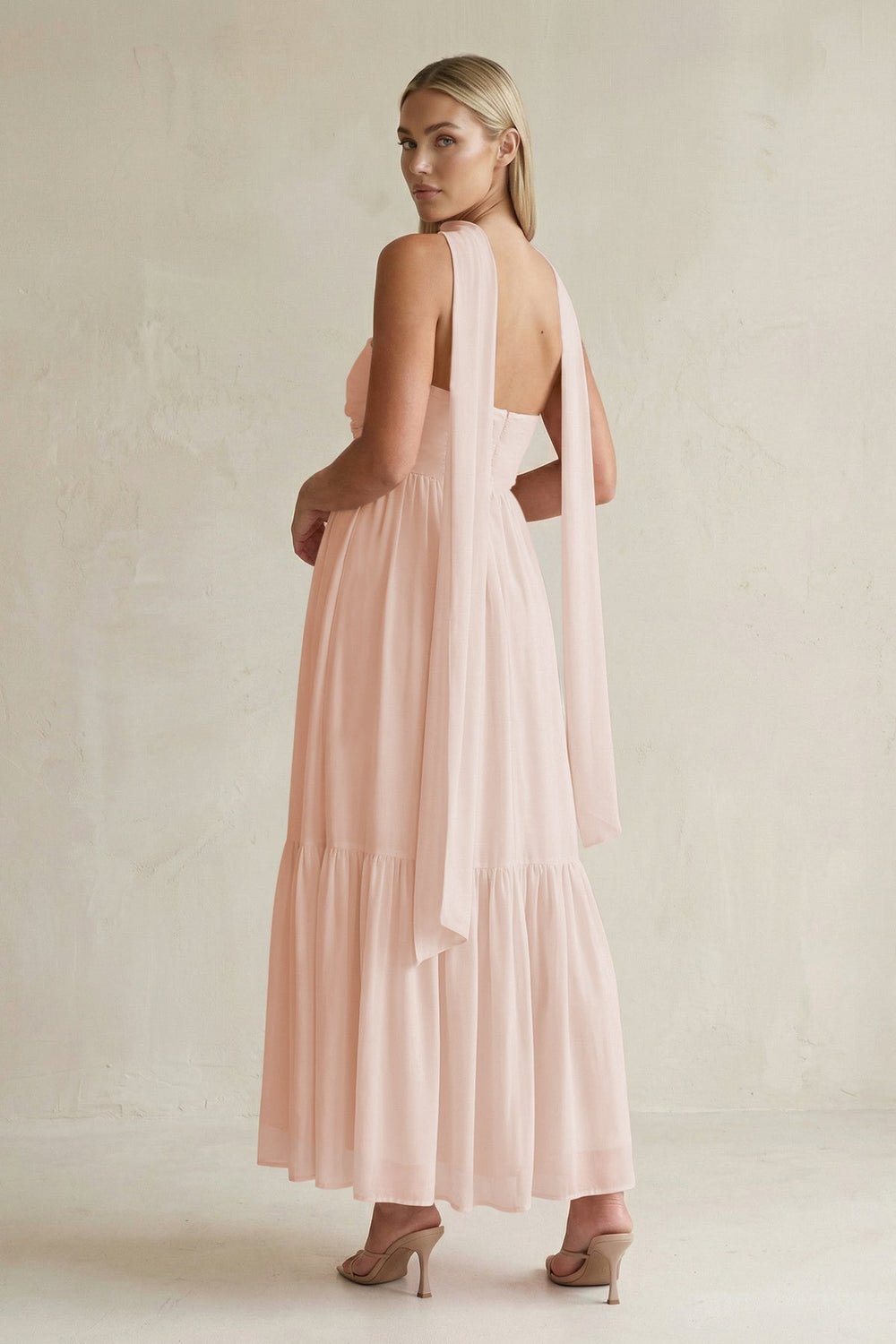 Strapless A - Line Chiffon Ruffled Bridesmaid Dress With Ribbon in Pale Blush - KISS BRIDAL Bridesmaid Dresses