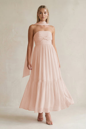 Strapless A - Line Chiffon Ruffled Bridesmaid Dress With Ribbon in Pale Blush - SHE IS ME Bridesmaid Dresses