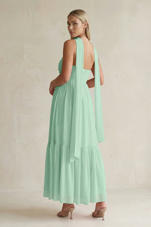 Strapless A-Line Chiffon Ruffled Bridesmaid Dress With Ribbon in Pale Pistachio (2) | KISSBRIDAL