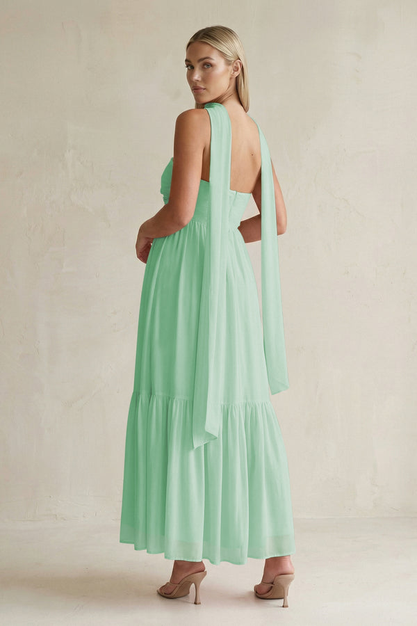 Strapless A - Line Chiffon Ruffled Bridesmaid Dress With Ribbon in Pale Pistachio - SHE IS ME Bridesmaid Dresses