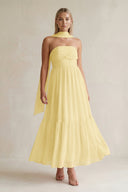 Strapless A - Line Chiffon Ruffled Bridesmaid Dress With Ribbon in Pastel Yellow - SHE IS ME Bridesmaid Dresses