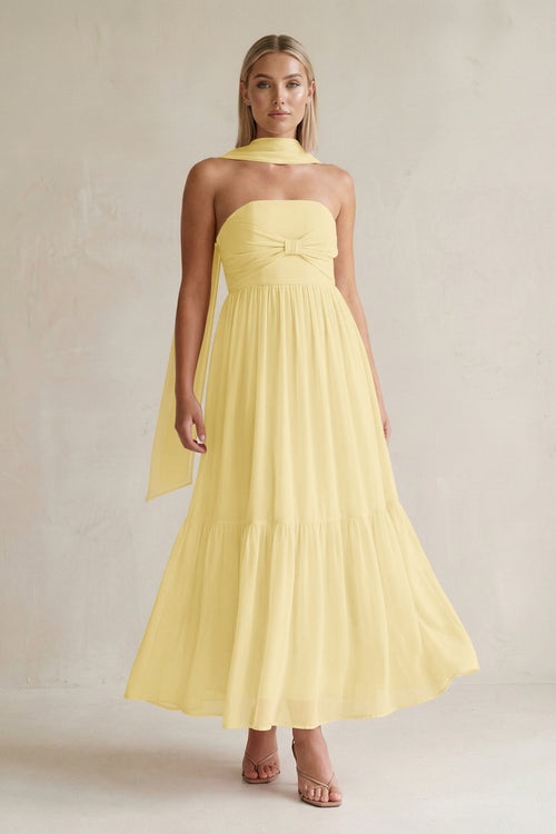Strapless A - Line Chiffon Ruffled Bridesmaid Dress With Ribbon in Pastel Yellow - SHE IS ME Bridesmaid Dresses
