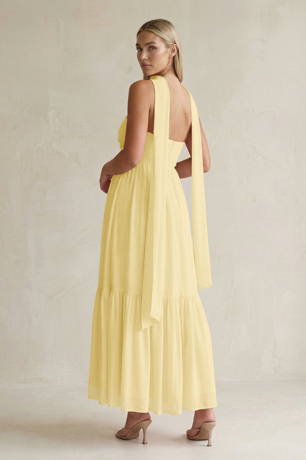Strapless A - Line Chiffon Ruffled Bridesmaid Dress With Ribbon in Pastel Yellow - SHE IS ME Bridesmaid Dresses
