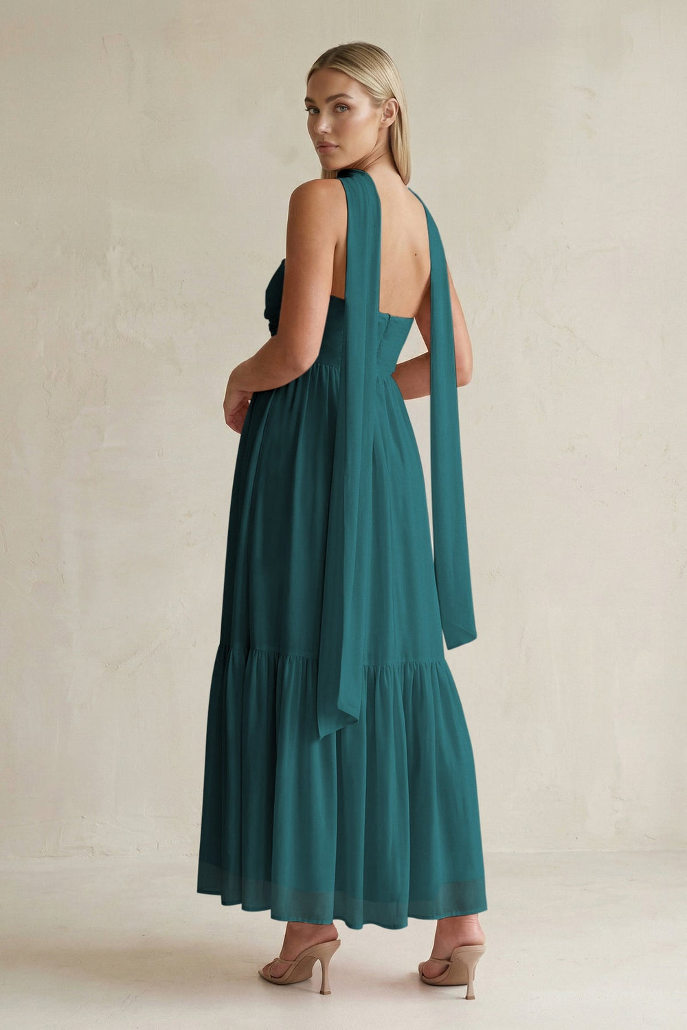 Strapless A - Line Chiffon Ruffled Bridesmaid Dress With Ribbon in Pine - KISS BRIDAL Bridesmaid Dresses