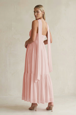 Strapless A-Line Chiffon Ruffled Bridesmaid Dress With Ribbon in Rose Petal (2) | KISSBRIDAL