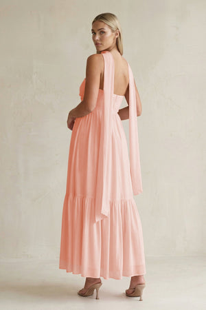 Strapless A - Line Chiffon Ruffled Bridesmaid Dress With Ribbon in Rose Petal - SHE IS ME Bridesmaid Dresses