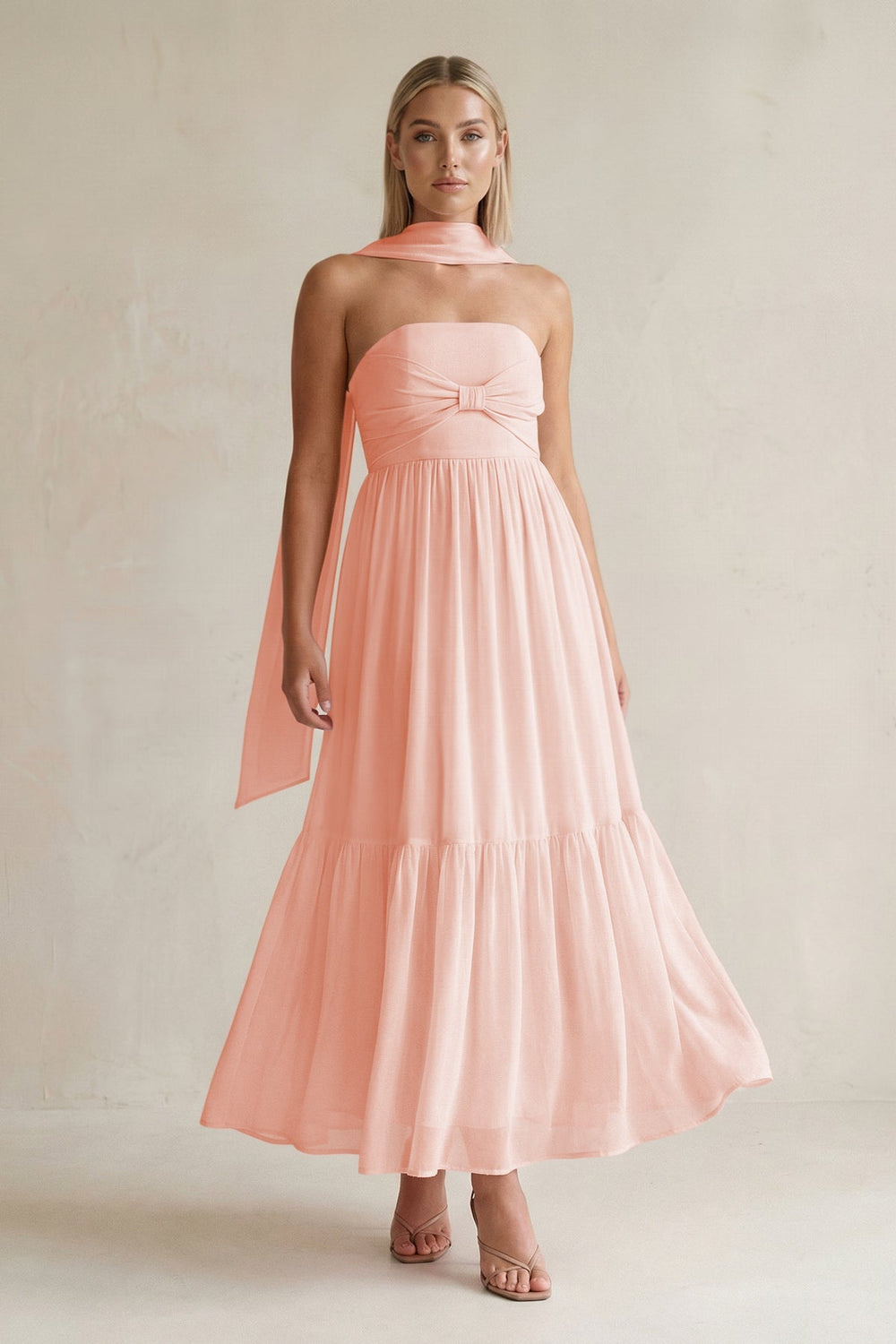 Strapless A - Line Chiffon Ruffled Bridesmaid Dress With Ribbon in Rose Petal - KISS BRIDAL Bridesmaid Dresses