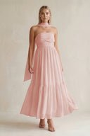 Strapless A-Line Chiffon Ruffled Bridesmaid Dress With Ribbon in Rose Petal | KISSBRIDAL