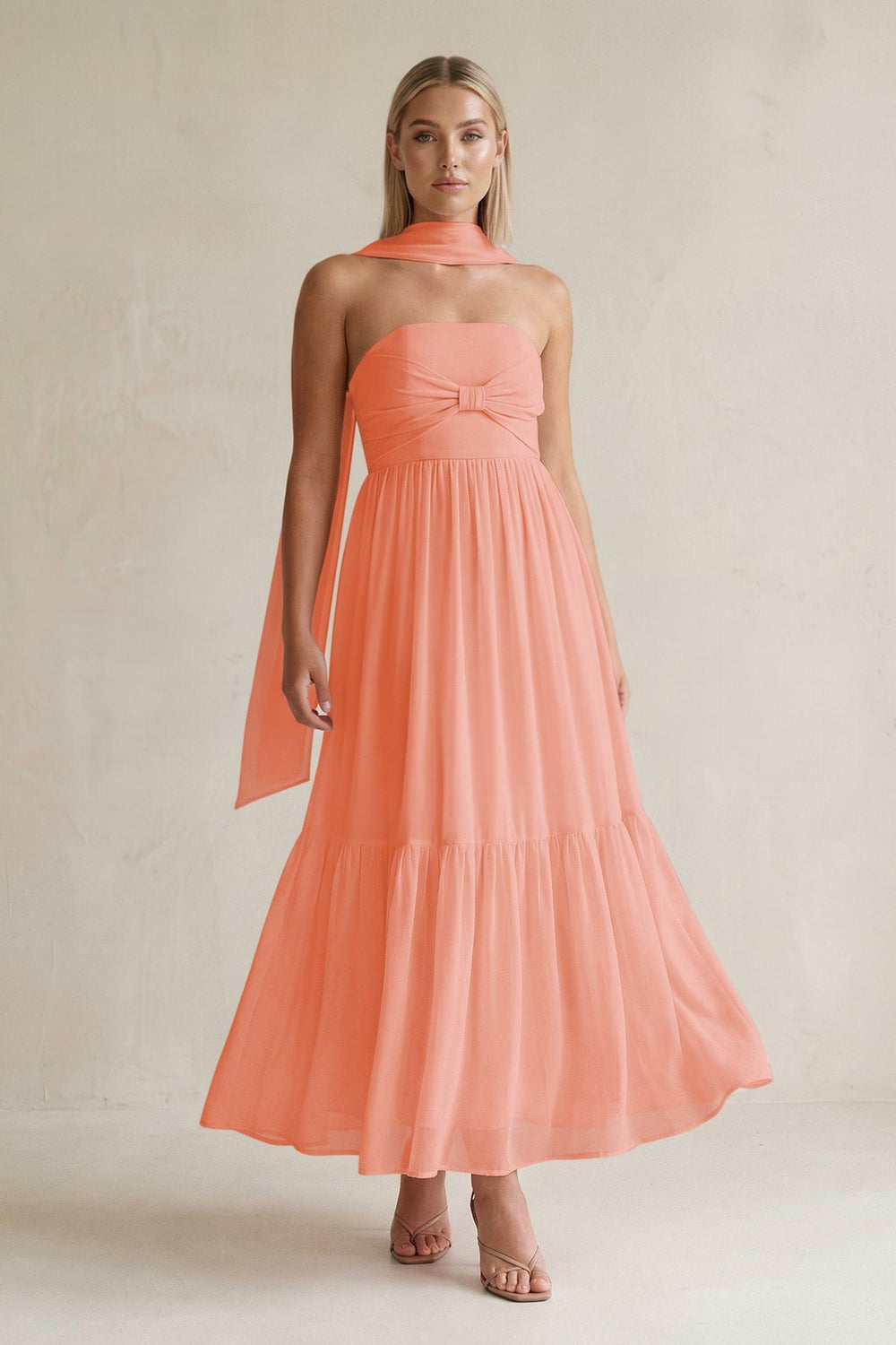 Strapless A - Line Chiffon Ruffled Bridesmaid Dress With Ribbon in Rosette - KISS BRIDAL Bridesmaid Dresses