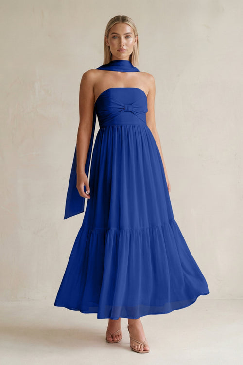 Strapless A - Line Chiffon Ruffled Bridesmaid Dress With Ribbon in Royal Blue - SHE IS ME Bridesmaid Dresses