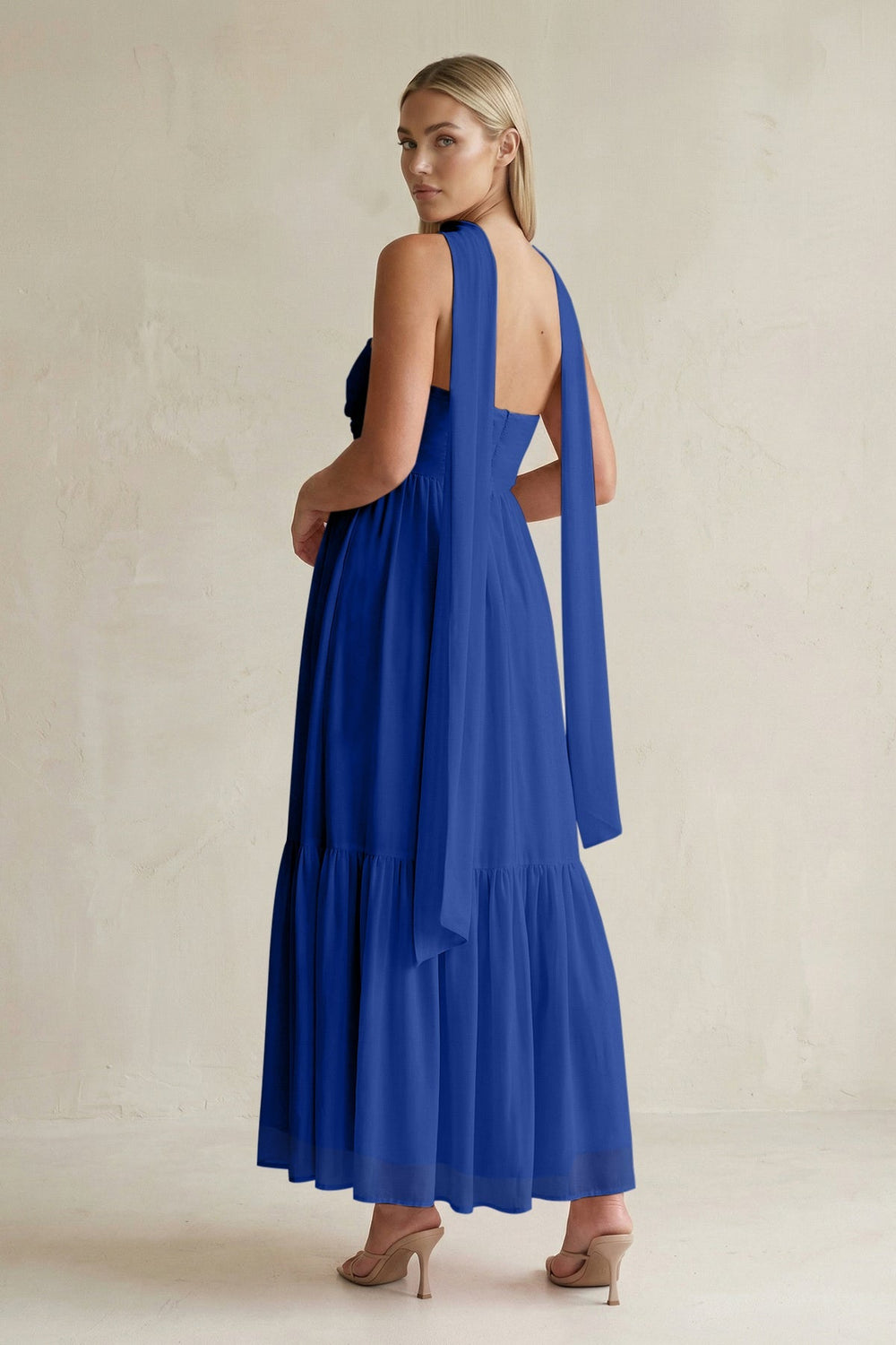 Strapless A - Line Chiffon Ruffled Bridesmaid Dress With Ribbon in Royal Blue - KISS BRIDAL Bridesmaid Dresses