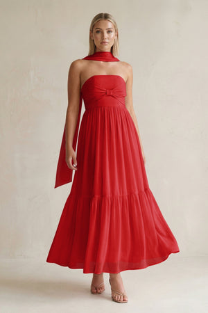 Strapless A - Line Chiffon Ruffled Bridesmaid Dress With Ribbon in Ruby Red - SHE IS ME Bridesmaid Dresses