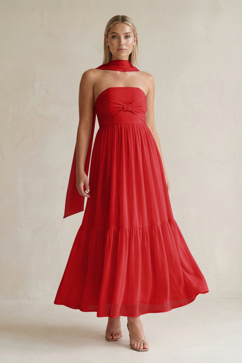 Strapless A - Line Chiffon Ruffled Bridesmaid Dress With Ribbon in Ruby Red - SHE IS ME Bridesmaid Dresses
