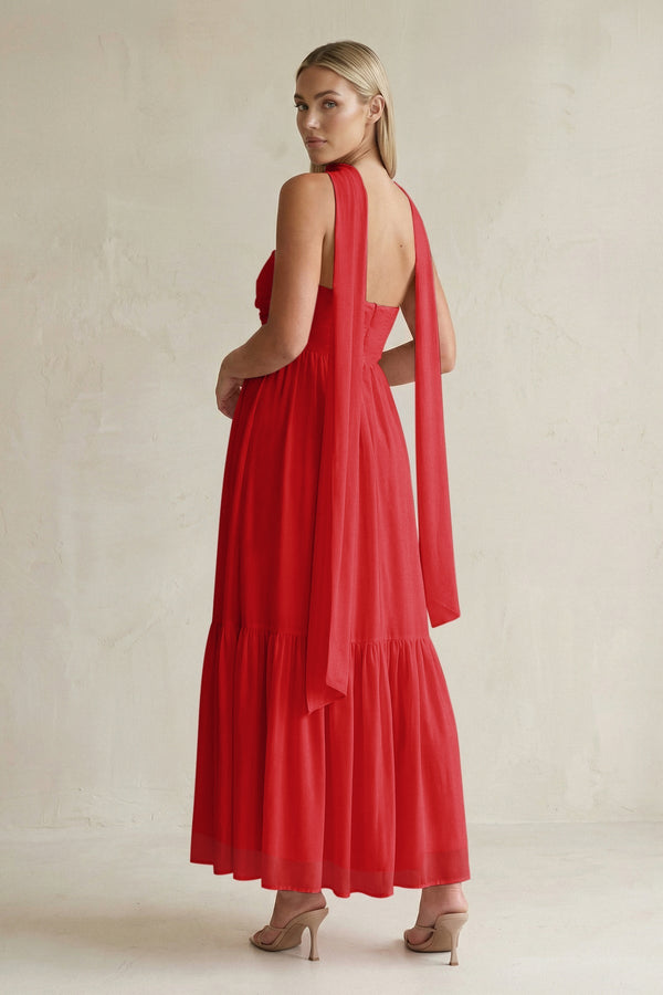 Strapless A - Line Chiffon Ruffled Bridesmaid Dress With Ribbon in Ruby Red - SHE IS ME Bridesmaid Dresses