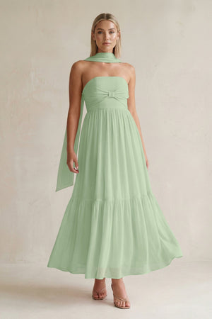 Strapless A - Line Chiffon Ruffled Bridesmaid Dress With Ribbon in Sage - SHE IS ME Bridesmaid Dresses