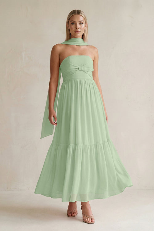 Strapless A - Line Chiffon Ruffled Bridesmaid Dress With Ribbon in Sage - SHE IS ME Bridesmaid Dresses