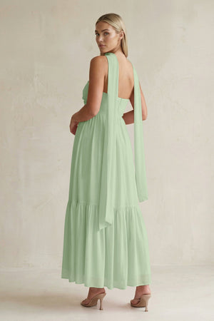 Strapless A - Line Chiffon Ruffled Bridesmaid Dress With Ribbon in Sage - SHE IS ME Bridesmaid Dresses