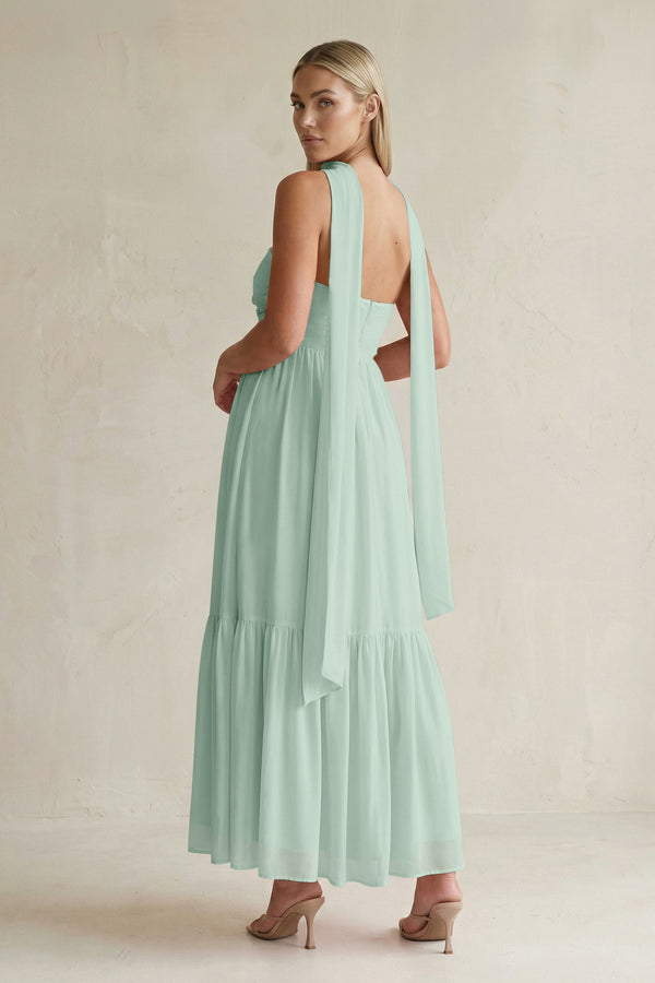 Strapless A-Line Chiffon Ruffled Bridesmaid Dress With Ribbon in Sage (2) | KISSBRIDAL