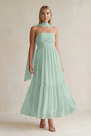 Strapless A-Line Chiffon Ruffled Bridesmaid Dress With Ribbon in Sage | KISSBRIDAL