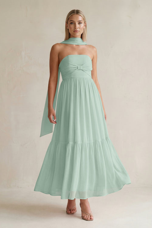 Strapless A-Line Chiffon Ruffled Bridesmaid Dress With Ribbon in Sage | KISSBRIDAL