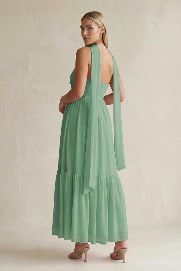 Strapless A - Line Chiffon Ruffled Bridesmaid Dress With Ribbon in Sea Glass - SHE IS ME Bridesmaid Dresses