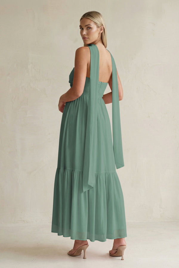 Strapless A-Line Chiffon Ruffled Bridesmaid Dress With Ribbon in Sea Glass (2) | KISSBRIDAL