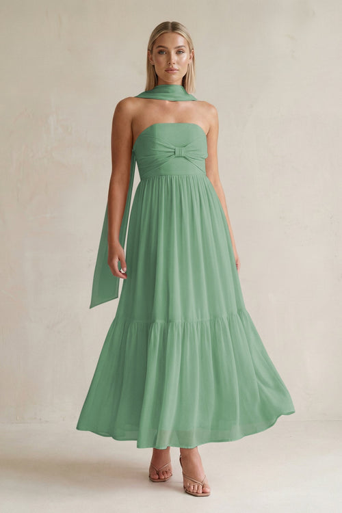 Strapless A - Line Chiffon Ruffled Bridesmaid Dress With Ribbon in Sea Glass - SHE IS ME Bridesmaid Dresses