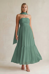 Strapless A-Line Chiffon Ruffled Bridesmaid Dress With Ribbon in Sea Glass | KISSBRIDAL