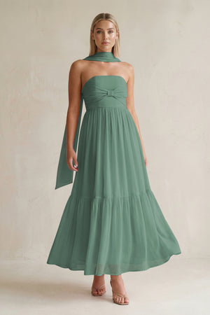 Strapless A-Line Chiffon Ruffled Bridesmaid Dress With Ribbon in Sea Glass | KISSBRIDAL