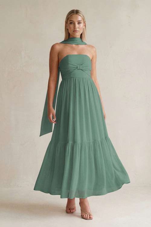 Strapless A-Line Chiffon Ruffled Bridesmaid Dress With Ribbon in Sea Glass | KISSBRIDAL