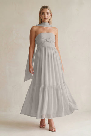 Strapless A - Line Chiffon Ruffled Bridesmaid Dress With Ribbon in Silver - SHE IS ME Bridesmaid Dresses