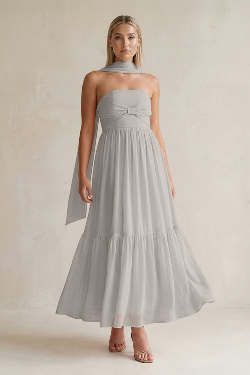 Strapless A - Line Chiffon Ruffled Bridesmaid Dress With Ribbon in Silver - SHE IS ME Bridesmaid Dresses