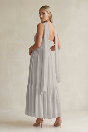 Strapless A - Line Chiffon Ruffled Bridesmaid Dress With Ribbon in Silver - SHE IS ME Bridesmaid Dresses