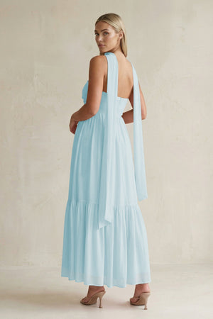Strapless A - Line Chiffon Ruffled Bridesmaid Dress With Ribbon in Sky Blue - SHE IS ME Bridesmaid Dresses