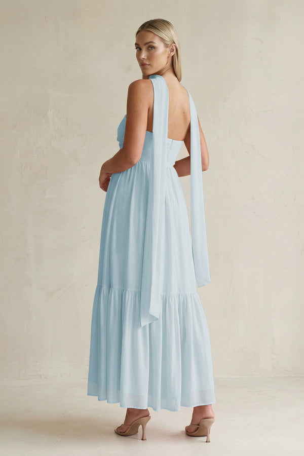 Strapless A-Line Chiffon Ruffled Bridesmaid Dress With Ribbon in Sky Blue (2) | KISSBRIDAL