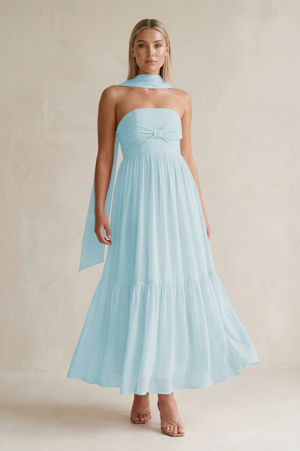 Strapless A - Line Chiffon Ruffled Bridesmaid Dress With Ribbon in Sky Blue - KISS BRIDAL Bridesmaid Dresses