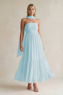 Strapless A - Line Chiffon Ruffled Bridesmaid Dress With Ribbon in Sky Blue - SHE IS ME Bridesmaid Dresses