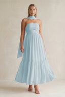 Strapless A-Line Chiffon Ruffled Bridesmaid Dress With Ribbon in Sky Blue | KISSBRIDAL