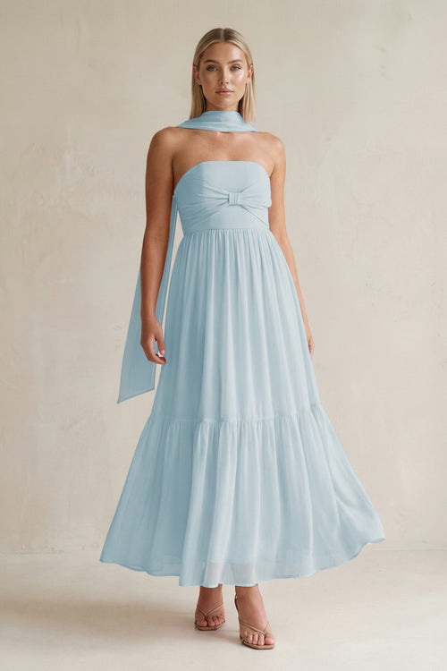 Strapless A-Line Chiffon Ruffled Bridesmaid Dress With Ribbon in Sky Blue | KISSBRIDAL