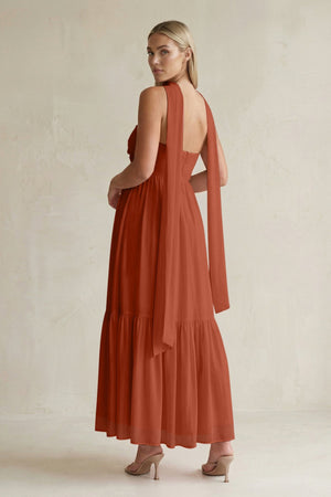 Strapless A - Line Chiffon Ruffled Bridesmaid Dress With Ribbon in Spice - SHE IS ME Bridesmaid Dresses