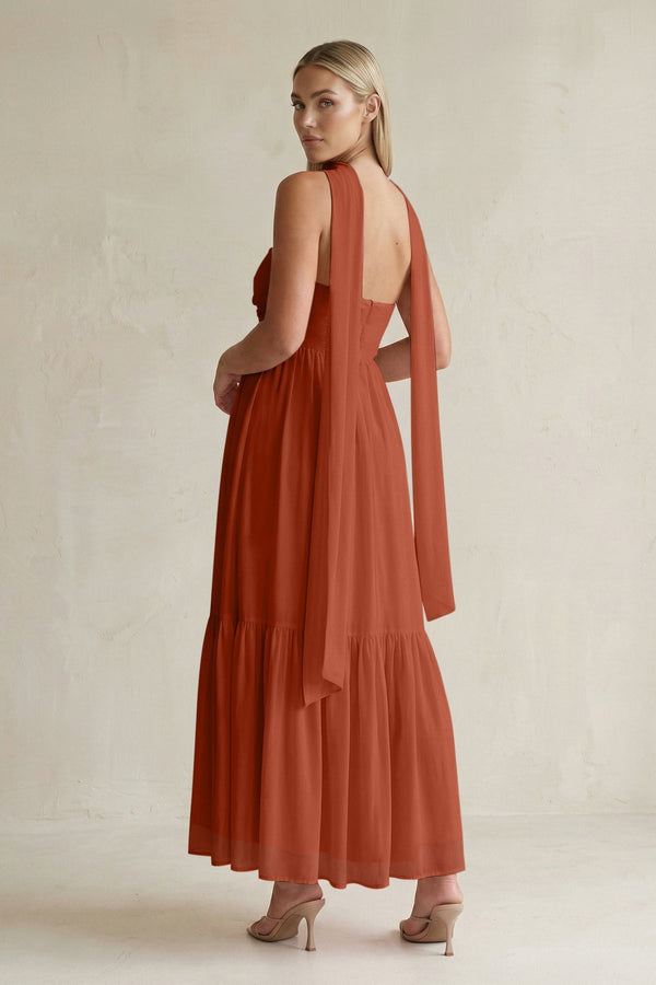 Strapless A - Line Chiffon Ruffled Bridesmaid Dress With Ribbon in Spice - SHE IS ME Bridesmaid Dresses
