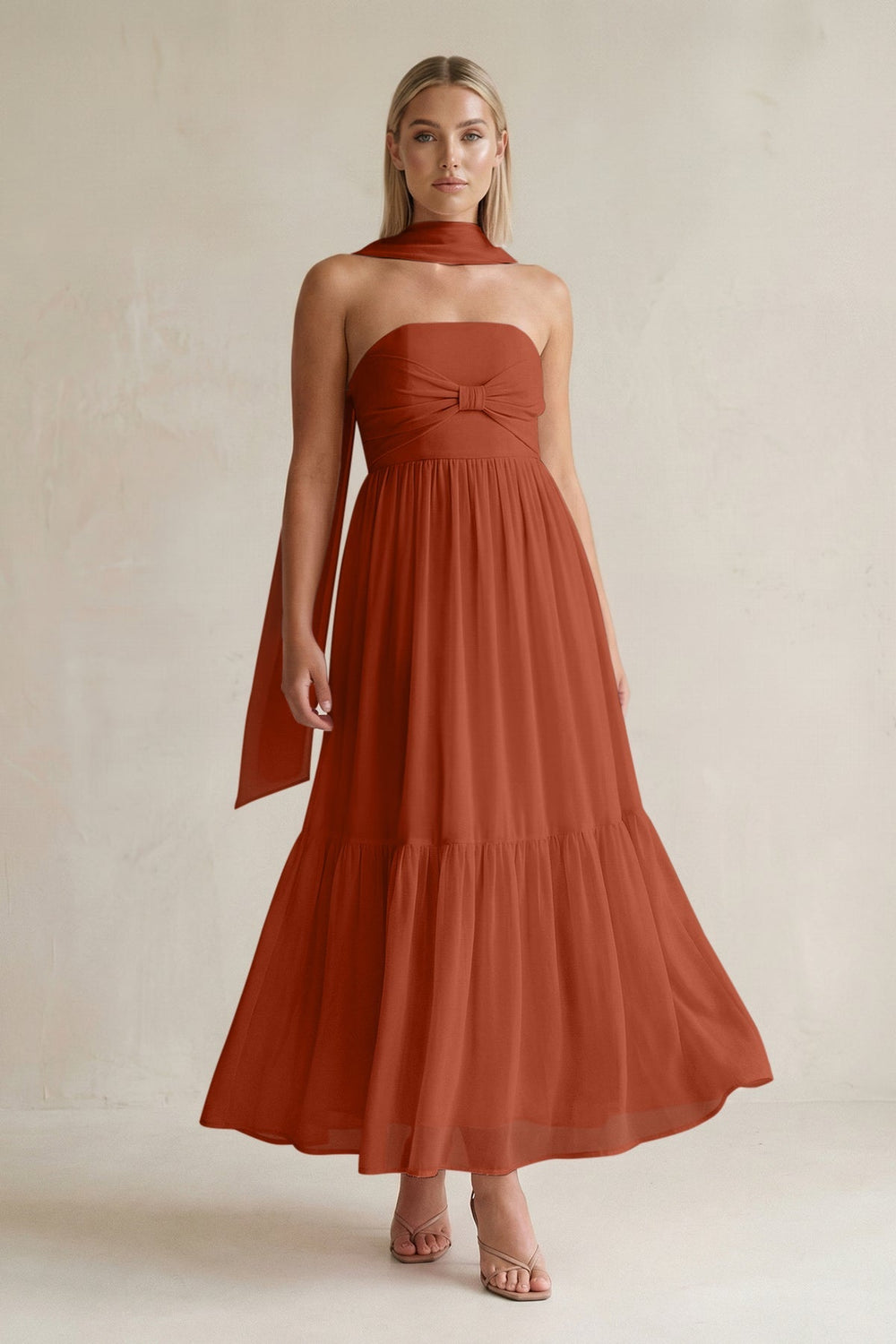 Strapless A - Line Chiffon Ruffled Bridesmaid Dress With Ribbon in Spice - KISS BRIDAL Bridesmaid Dresses